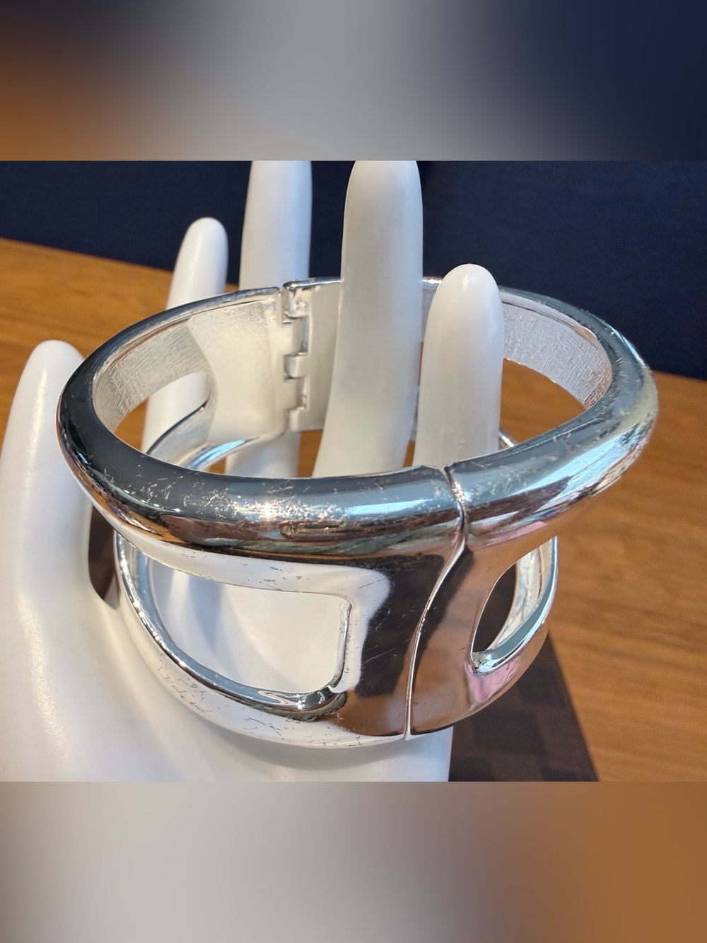 Silver Tone 2" Wide Modernist H Cutout Chunky Hinged
Bangle Bracelet - Picture 10 of 15